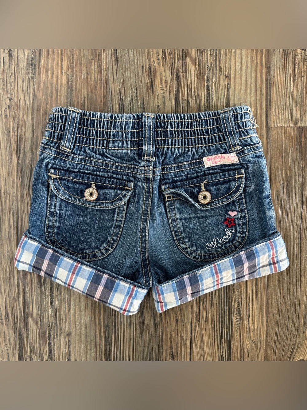 OshKosh B’gosh Denim Shorts Jorts 3T Blue Red White Plaid Cuff Embroidered Logo